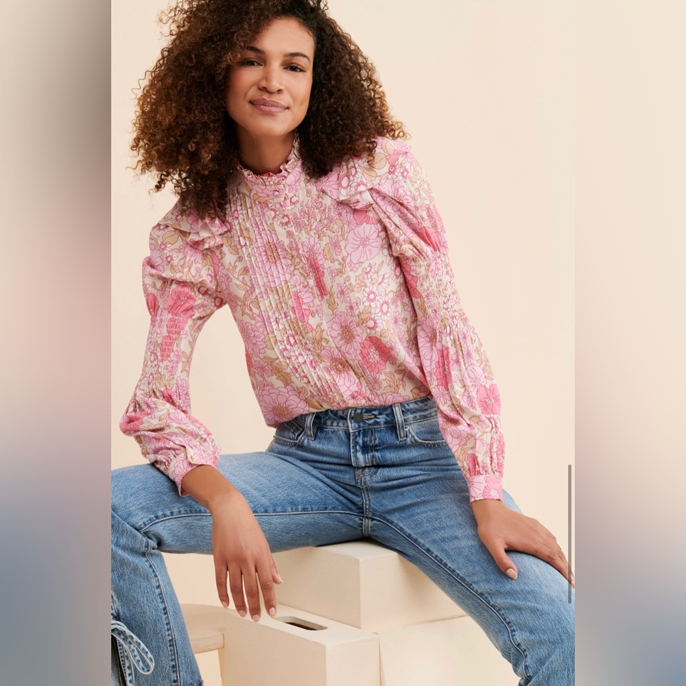 Selkie Pink & Cream Floral Tuxedo Long Sleeve Blouse 1X